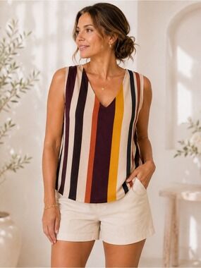 •Colori Purple Mustard Orange Striped V-Neck Sleeveless Top | Medium